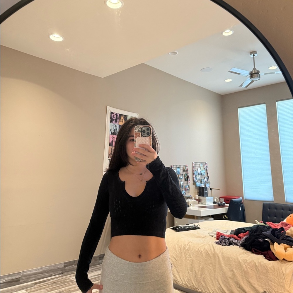Urban outfitters black cropped long sleeve with lace neckline